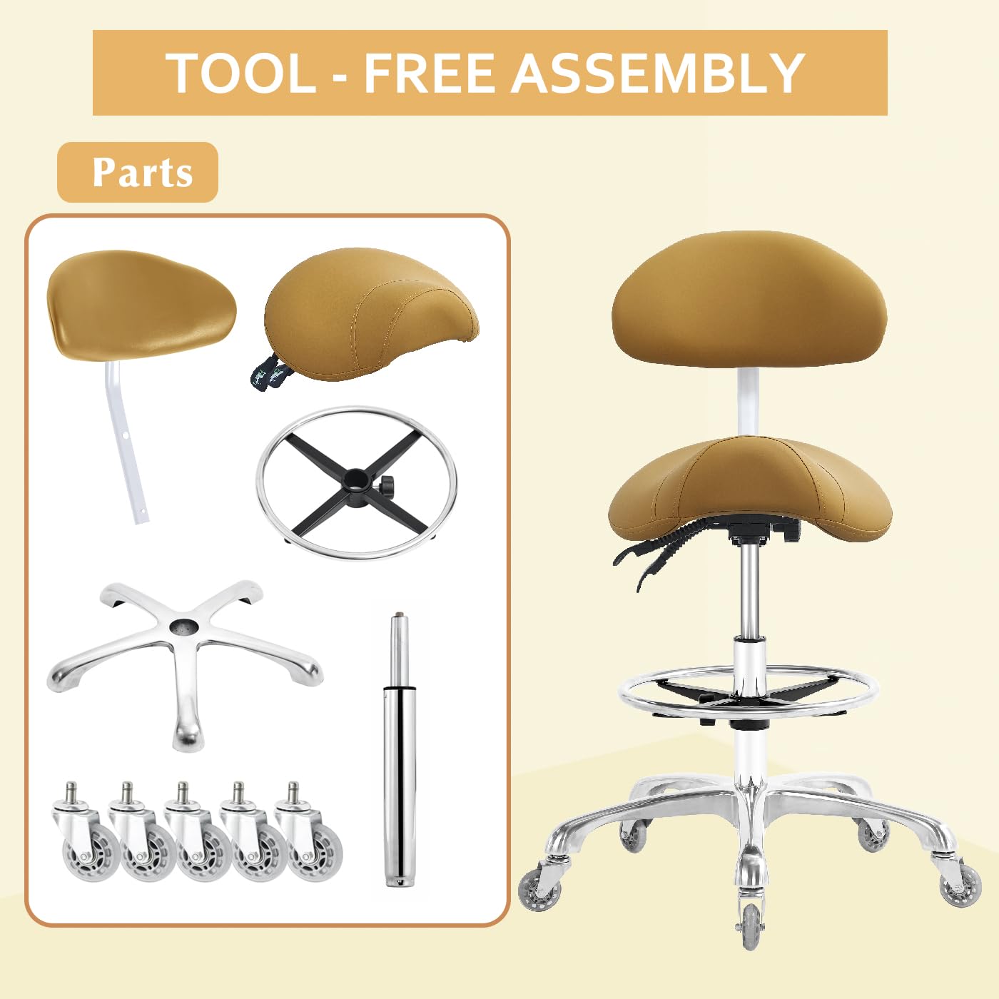 Nazalus Saddle Stool Chair with Back Support Footrest, Heavy-Duty(350LBS), Hydraulic Rolling Swivel Adjustable Stool Chair for Salon Spa Beauty Massage Dental Clinic Home Office Use(Camel)