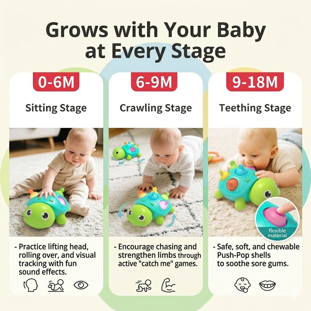 SOSUSHOE 3-in-1 Musical Crawling Turtle Baby Toy - Tummy Time Toy with Smart Obstacle Avoidance, Push-and-Pop Sensory Shell & Sleep Soothing, Baby Infant Toys for 0-12 Months
