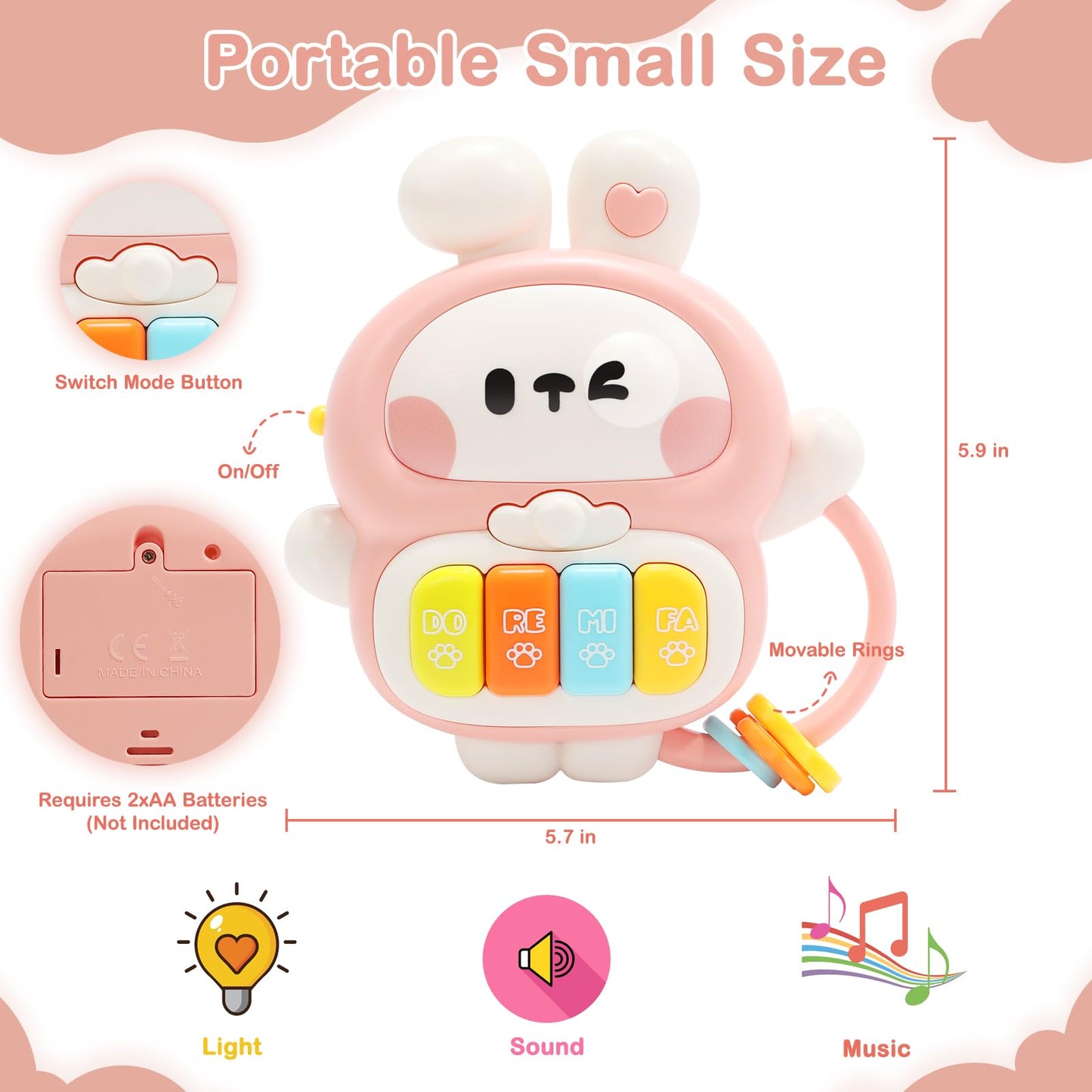 Redbeann Baby Musical Toys 6-12 Months, Rabbit Piano for Baby Musical Toys for Toddlers 1-3, Busy Board with Music & Light, Birthday Toy for Infant Toddler 1 Year Old Boy Girl Gifts (Pink)