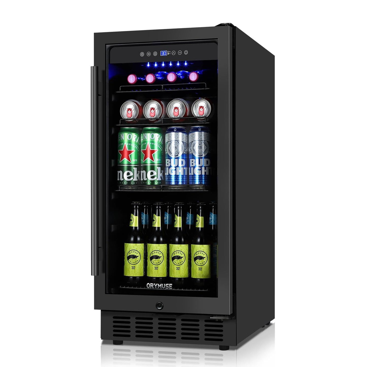 ORYMUSE 15 Inch Beverage Refrigerator, 130 Cans Drink Fridge with Glass Door & Lock, Upgraded Compressor, Low Noise, Built-in or Freestanding Cooler for Soda, Beer, Water, Black