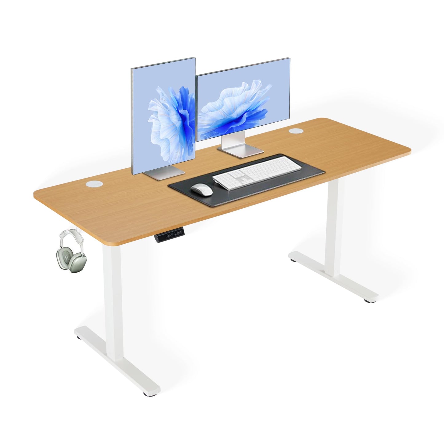 Hexago 63 x 24 Inch Electric Standing Desk, Adjustable Sit Stand Desk with Splice Board, 3 Memory Presets, Dual Hooks, T-Leg Frame – Oak