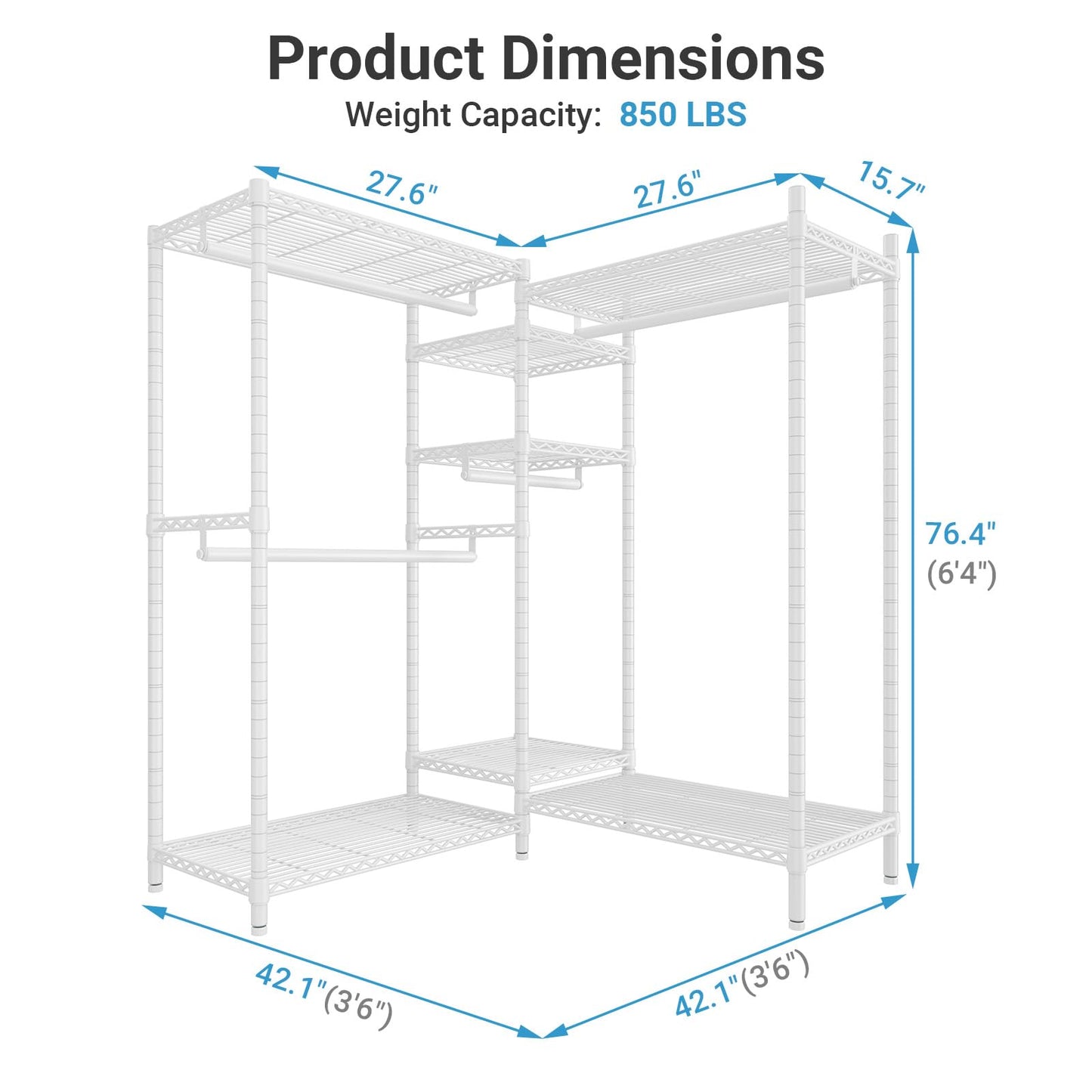 VIPEK L6 Heavy Duty Clothes Rack L Shape Clothing Rack 5-Tier Wire Garment Rack Freestanding Closet with 7 Adjustable Shelves & 4 Hanging Rods, 42.1" L x 42.1" W x 76.4" H, Max Load 850LBS, White
