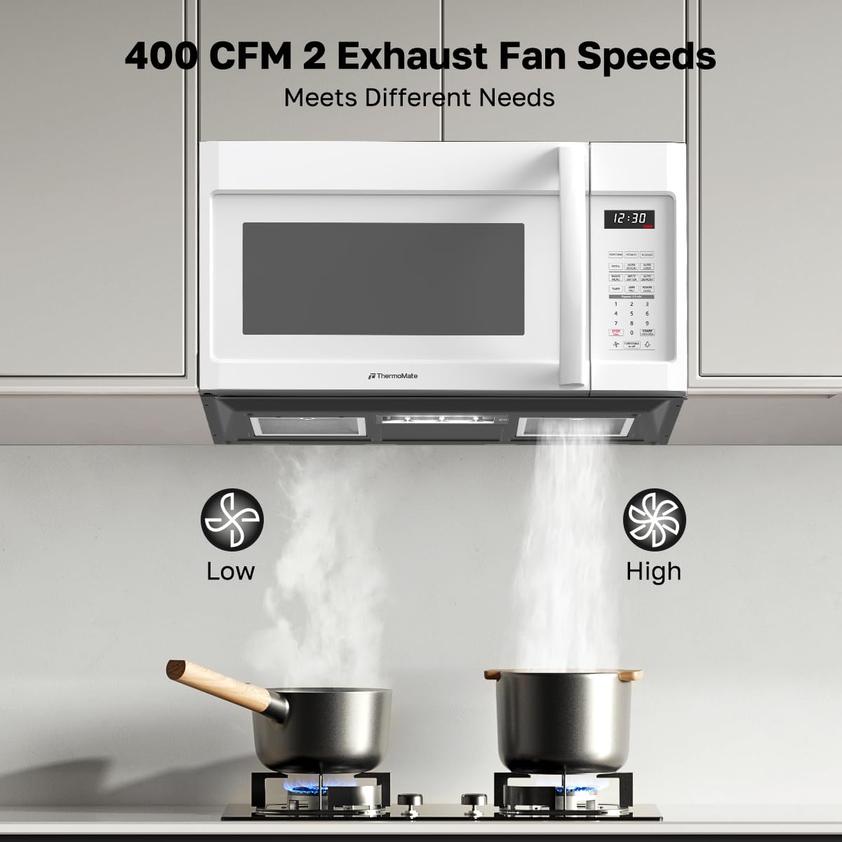 ThermoMate 30" White Over the Range Microwave with 1.9 Cu. Ft. Capacity, Over the Stove with One Touch, 1000 Cooking Watts, 400 CFM and Sensor Cooking, 11 Power Levels, LED Lighting