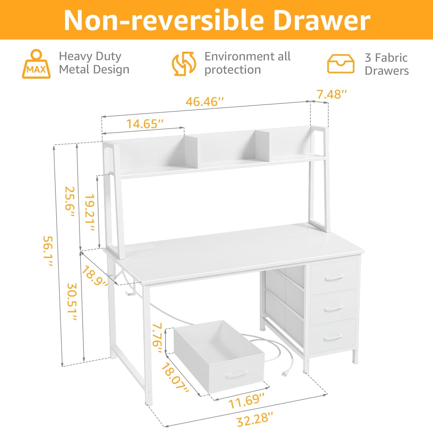 DLisiting White Computer Desk with Hutch & Drawers - Office Desk with 3 Storage Drawers and Power Outlets, 47 Inch Modern Study Writing Desk for Bedroom Home Office