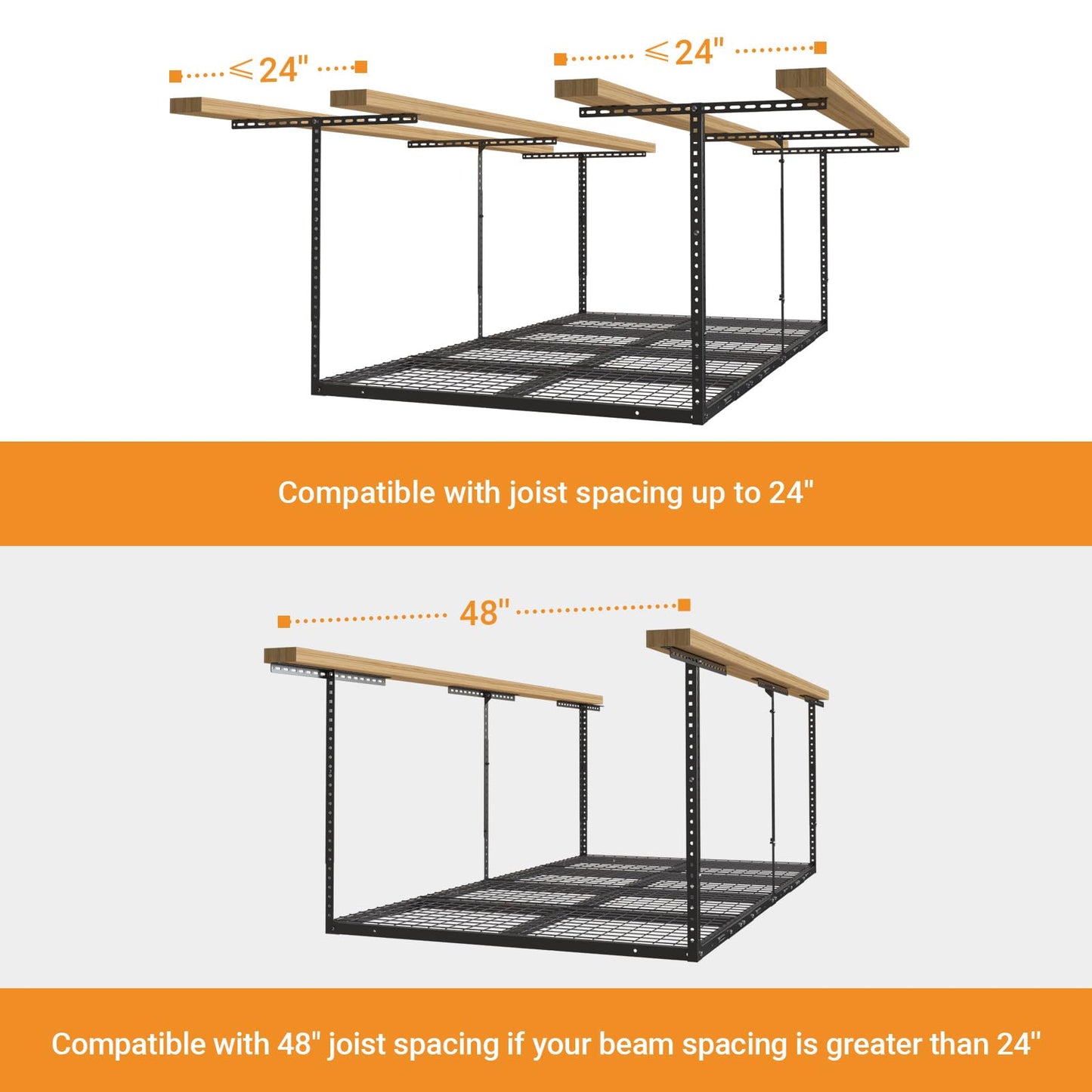 eShelf 4ftx8ft Overhead Garage Storage Rack, Heavy-Duty Metal Garage Ceiling Storage Rack, 22''-40" Adjustable Ceiling Drop-Down, 600 lb. Loading Weight Capacity, Black