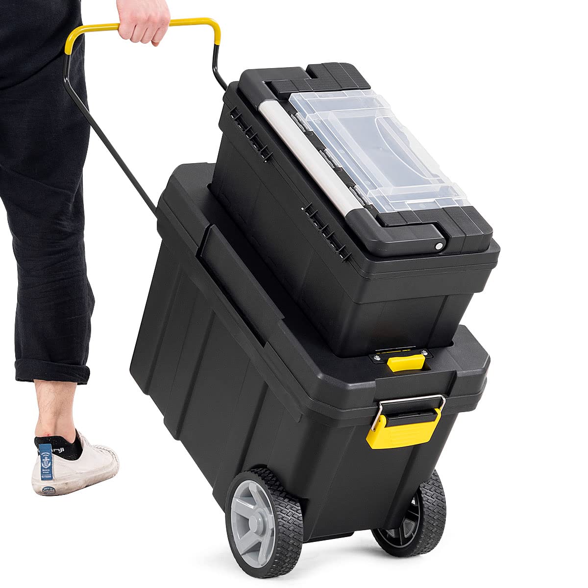 IRONMAX Portable Rolling Tool Box, 2 in 1 Stackable Mechanic Tool Organizer with Wheels and Pull Handle, Plastic Toolbox with Removable Tray for Tools and and Small Parts Storage