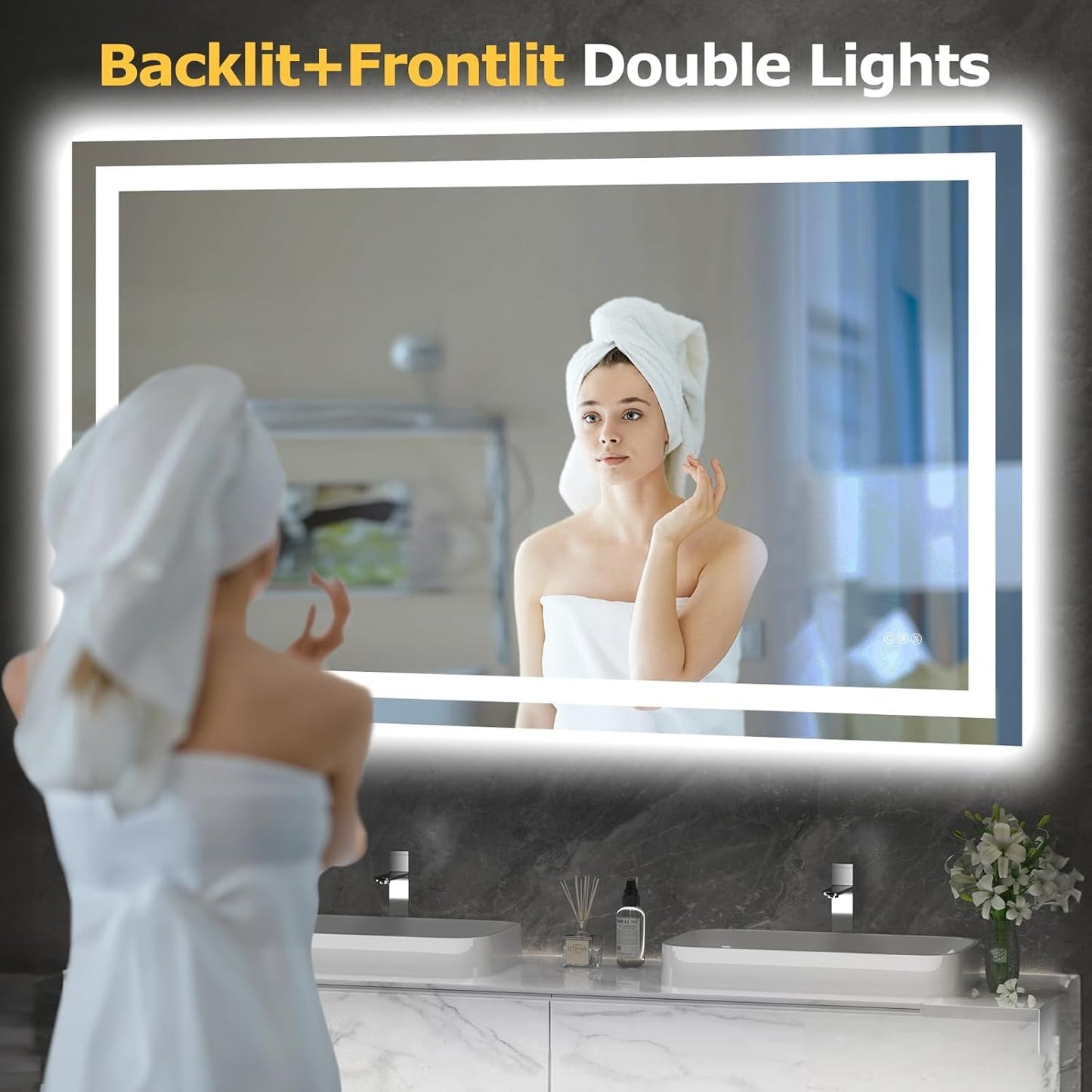 Hivone 55X30 LED Bathroom Mirror with Lights, Anti-Fog, Dimmable, Backlit + Front Lit, Smart Bathroom Vanity Mirror, Memory Function, Shatterproof, Tempered Glass (Horizontal/Vertical)
