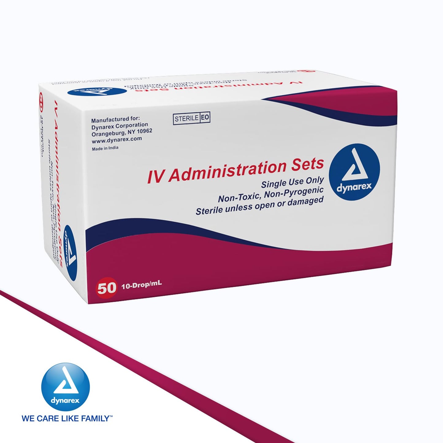 Dynarex 7042 IV Administration Set with 2 Needles Port and Check Valve, 10 Drop/mL, 112" Length, Pack of 50