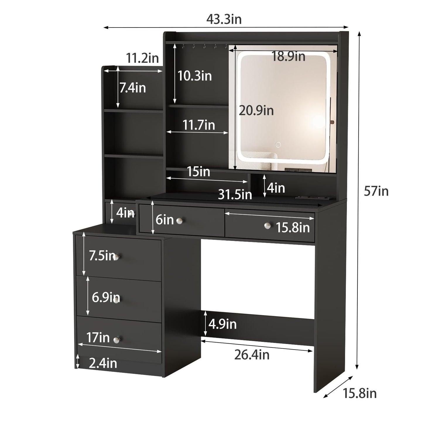 Vabches Vanity Desk with Mirror and Lights, Makeup Vanity with 6 Drawers and Shelves, Dressing Table with Power Outlet, Makeup Desk with Led Lighted Mirror in 3 Colors, for Bedroom, Black
