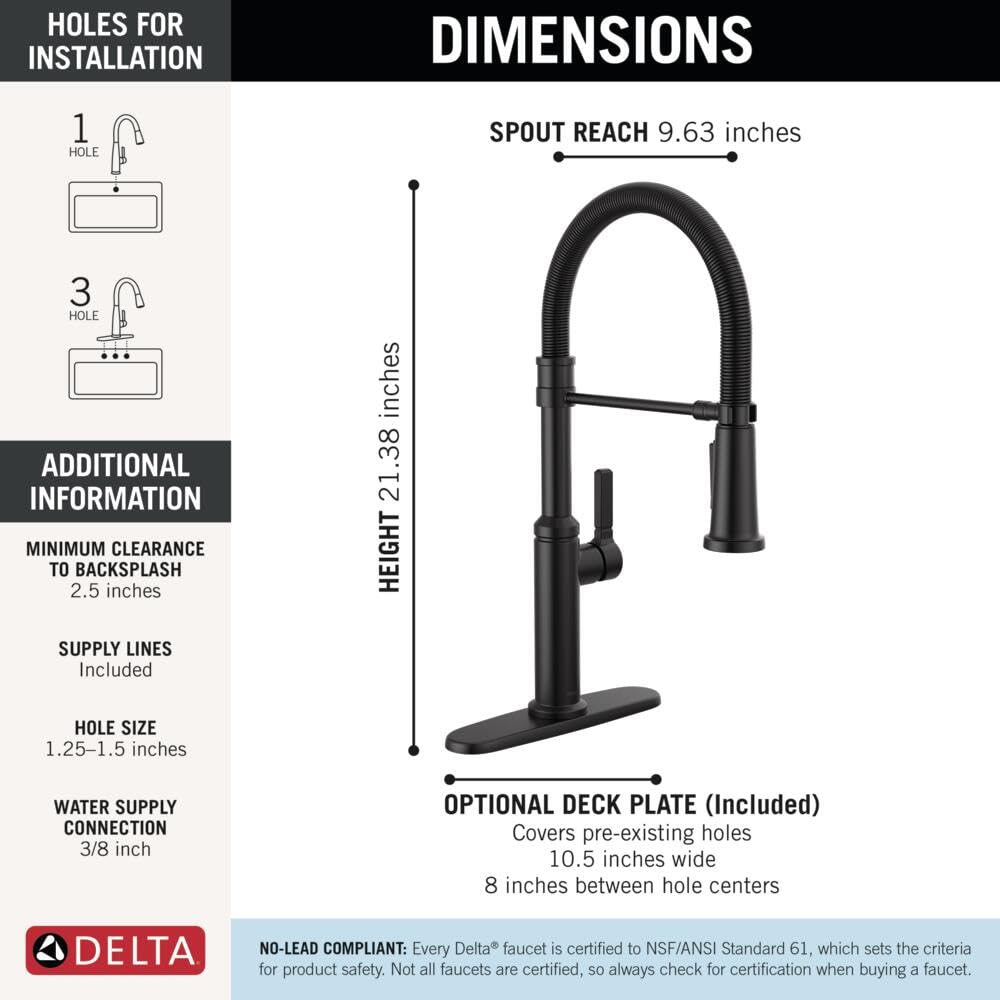 Delta Rhett Pro Style Commercial Kitchen Faucet with Pull Down Sprayer, Single Hole Matte Black Kitchen Sink Faucet, Single Handle, Matte Black 18829-DST