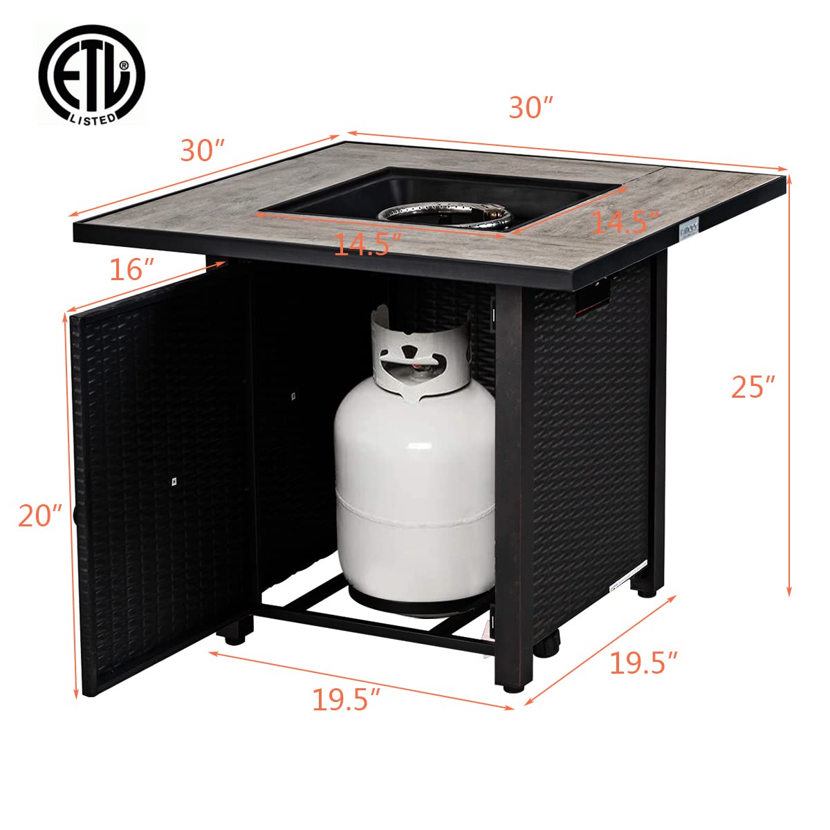 COSTWAY 30" Propane Gas Fire Table, Patio Square Fire Pit Table w/Stainless Steel Burner, 50,000 BTU Heat Output, Elegant Tile Tabletop, PVC Cover Perfect for Poolside, Backyard