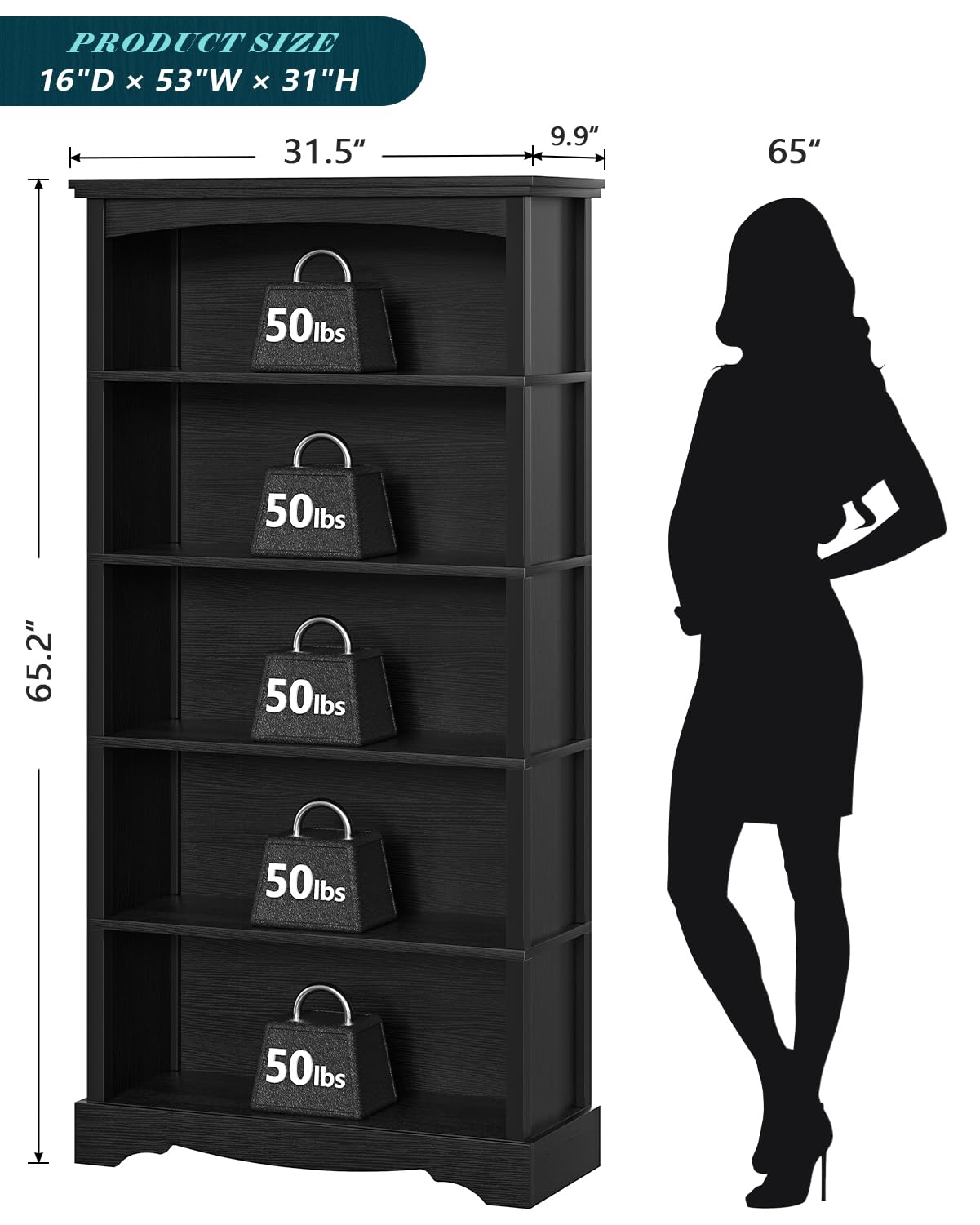 TVU 5-Tier Wooden Bookshelf, 65 Inch Tall Bookshelf with Storage, Floor Standing Modern Style Display Bookcase for Living Room, Office, Study Room, Entryway, Black