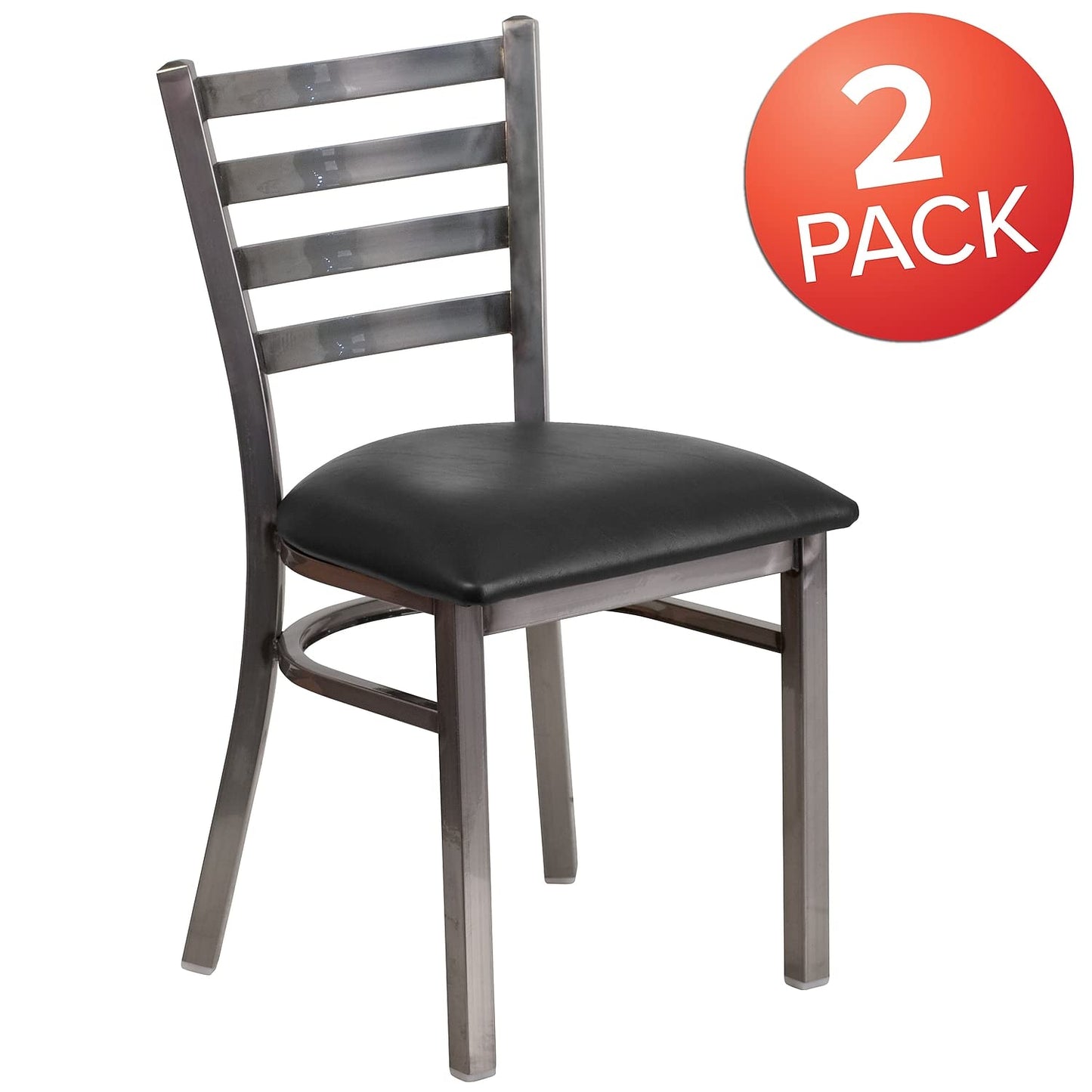 Flash Furniture 2 Pack HERCULES Series Clear Coated Ladder Back Metal Restaurant Chair - Black Vinyl Seat