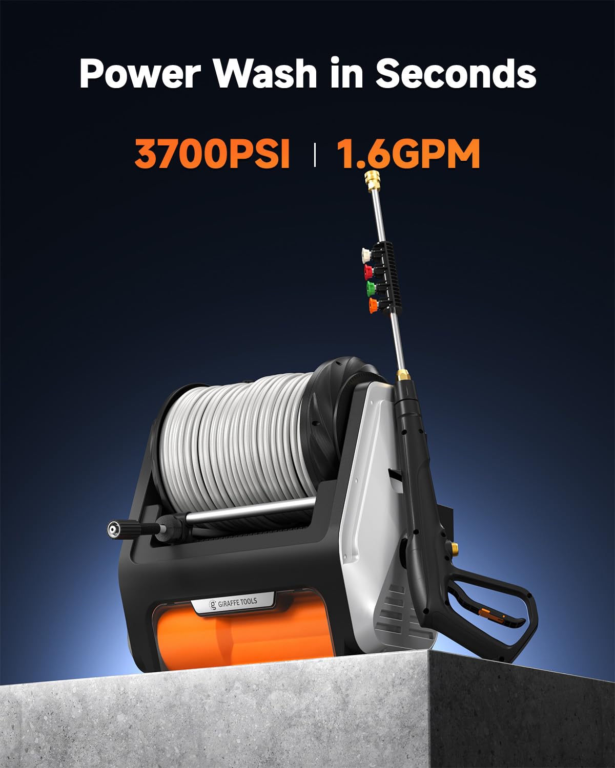 Giraffe Tools Grandfalls Wall Mount Pressure Washer Pro, Electric Power Washer with 1800W Motor, 4-Nozzles, Automatic Rewind, Any Length Lock, 100ft Pressure Hose