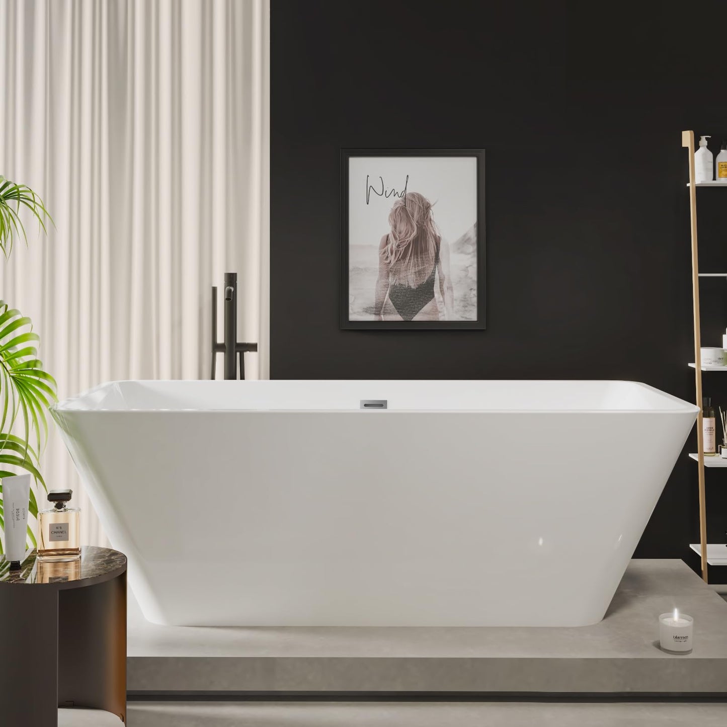 66 Inch Freestanding Bathtub, Acrylic Deep Soak Tub, Glossy White, Easy Install with Overflow & Drain