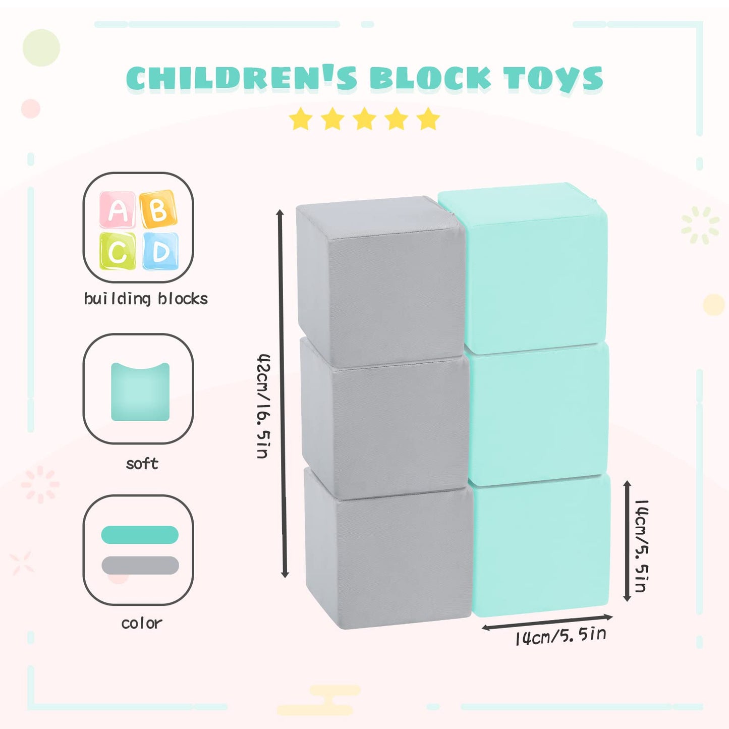 TRENDBOX 6 Pcs Toddler Foam Blocks, 5.5inch Soft Foam Cubes with Detachable Washable Cover, Soft Play Blocks for Toddlers and Kids (Light Gray/Blue)