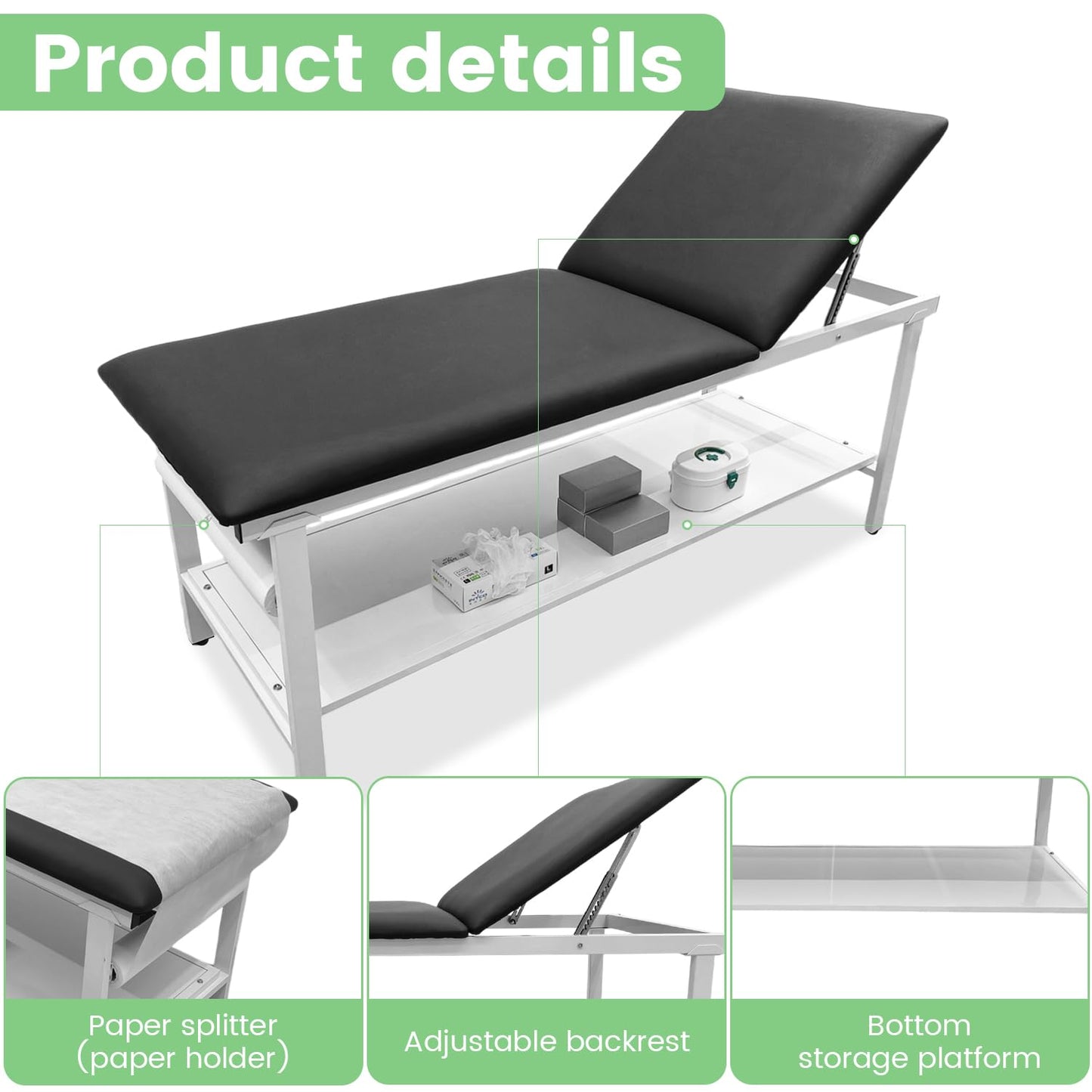 VEICAR Adjustable Exam Table with Paper Roll Dispenser & Shelf, Physical Therapy Medical Exam Table, Patient Examination Bed, Durable, Low Maintenance and Holds Up to 400 Lbs (Black)