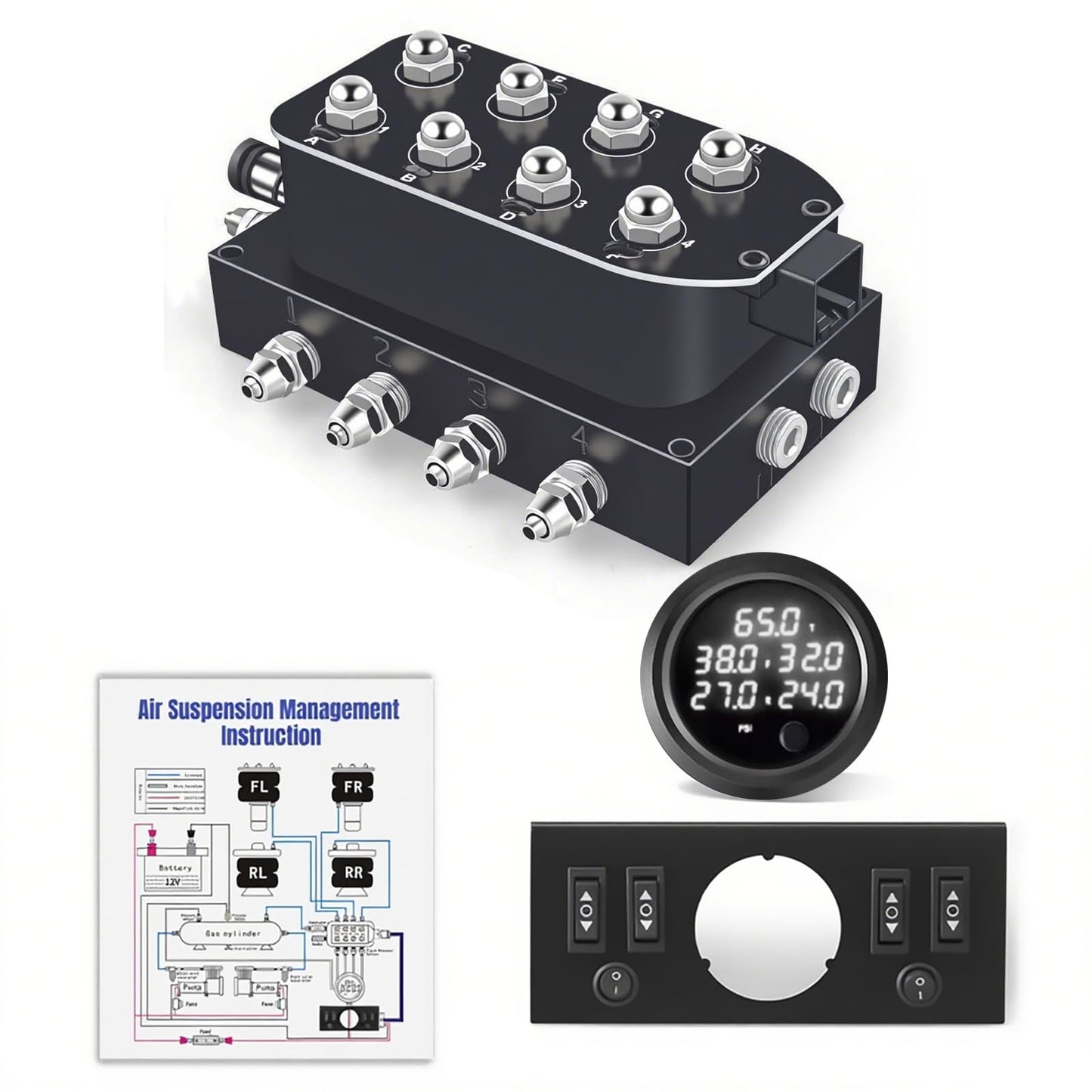 CNWZYMX 12V Air Management Featuring 8-Valve Air Ride Suspension Manifold, Simplify Control Panel and Ship Type Switch and Five-Way White Display Air Pressure Gauges