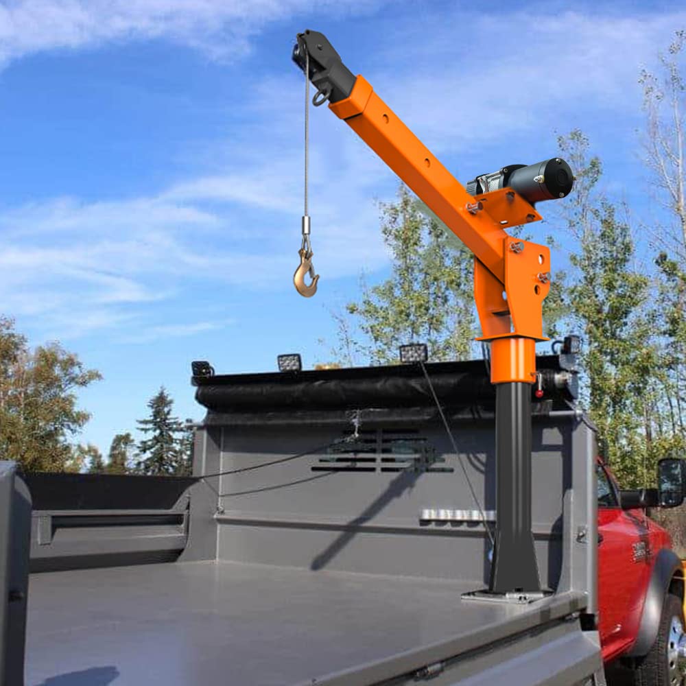 ROCK-HULK 2200lb Folding Truck-Mounted Bed Crane - 5000lb Winch, Painted Steel Jib Hoist Lift for Pickups (12V/24V Electric/Hand Operated)