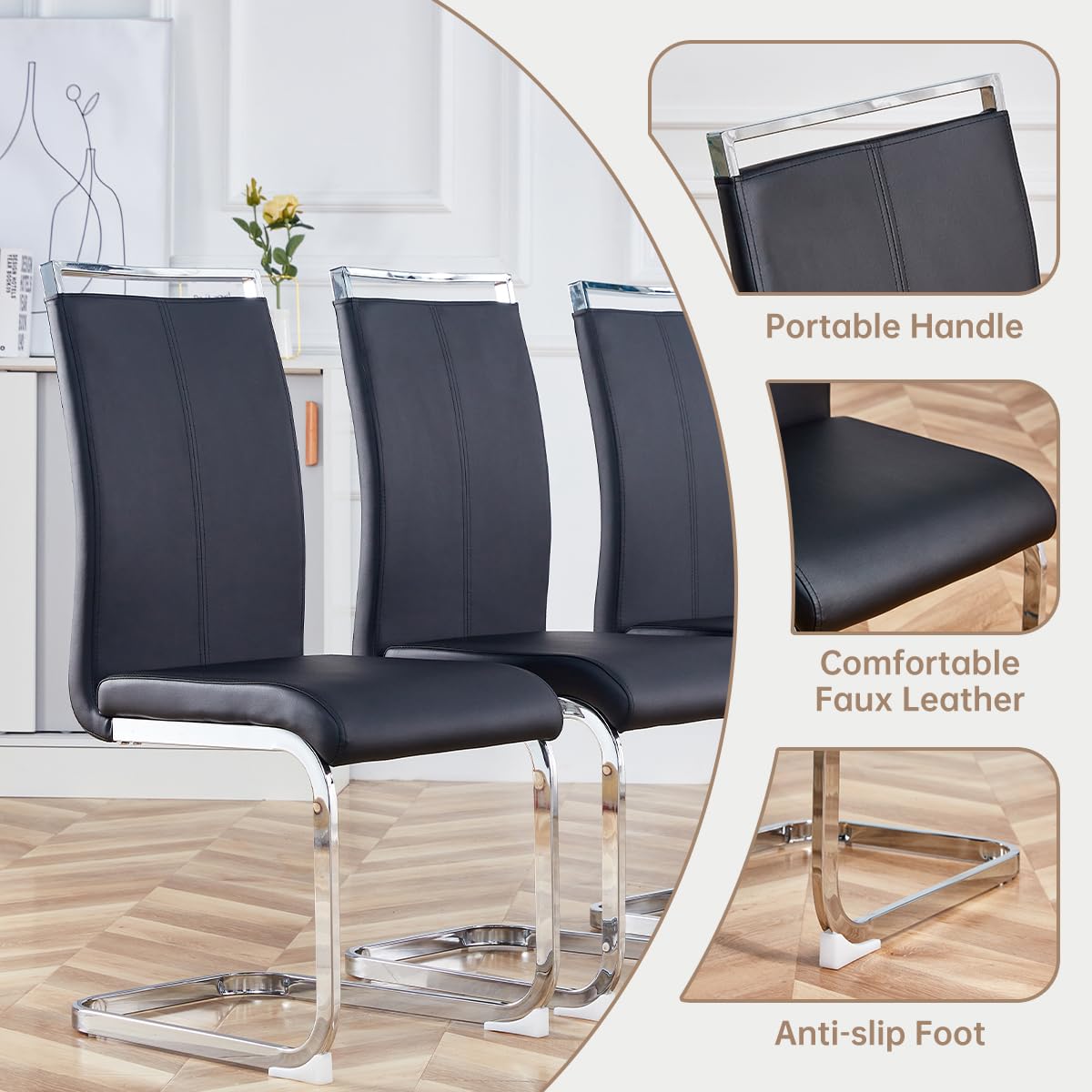 JEARGE Glass Dining Table Set for 4,Dining Room Table Set for 4 with PU Leather Chairs,Retangular Dining Tabletop with MDF Legs and Sliver Base for Dining Room (Black Chair, 1 Table + 4 Chairs)
