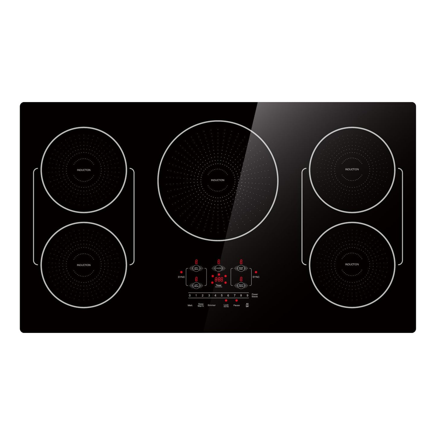 BIGoods 36 Inch Induction Cooktop 5 Burners, Flat Glass Top Electric Stove Hob with Bridge-SYNC, 3 Preset Modes Booster, Timer, Pause, Child Lock, Drop in, 208~240V/50A, Black