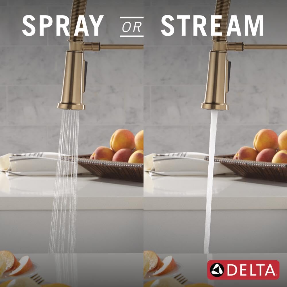 Delta Ermelo Pro Style Commercial Kitchen Faucet with Pull Down Sprayer, Single Hole Brushed Gold Kitchen Sink Faucet, Single Handle, Champagne Bronze 18887-CZ-DST