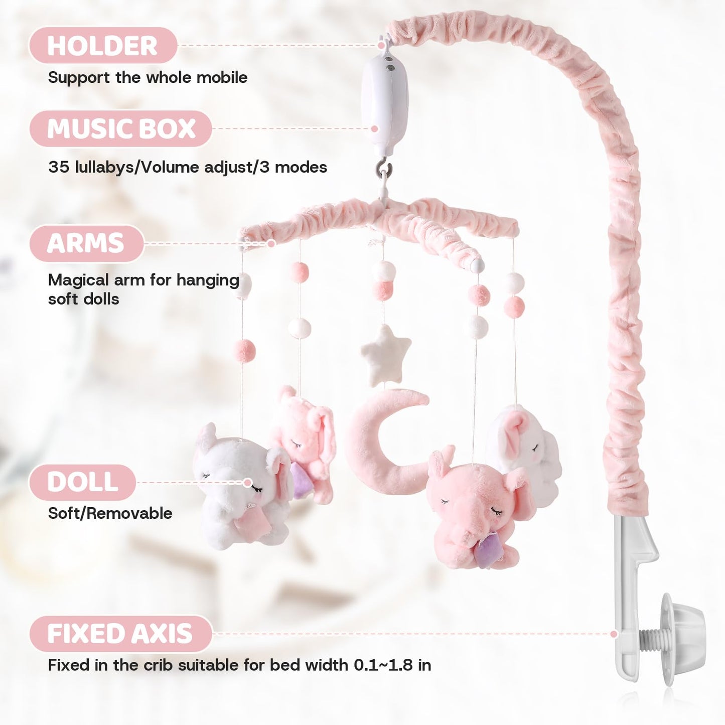 Baby Crib Mobile - Elephant Mobile for Crib with 28 Inches Mobile Arm and 35 Lullabies Musical Box, 3 Modes Digital, Volume Control, Essential Gift for Infant Boys Girls Bedroom Hanging Decor
