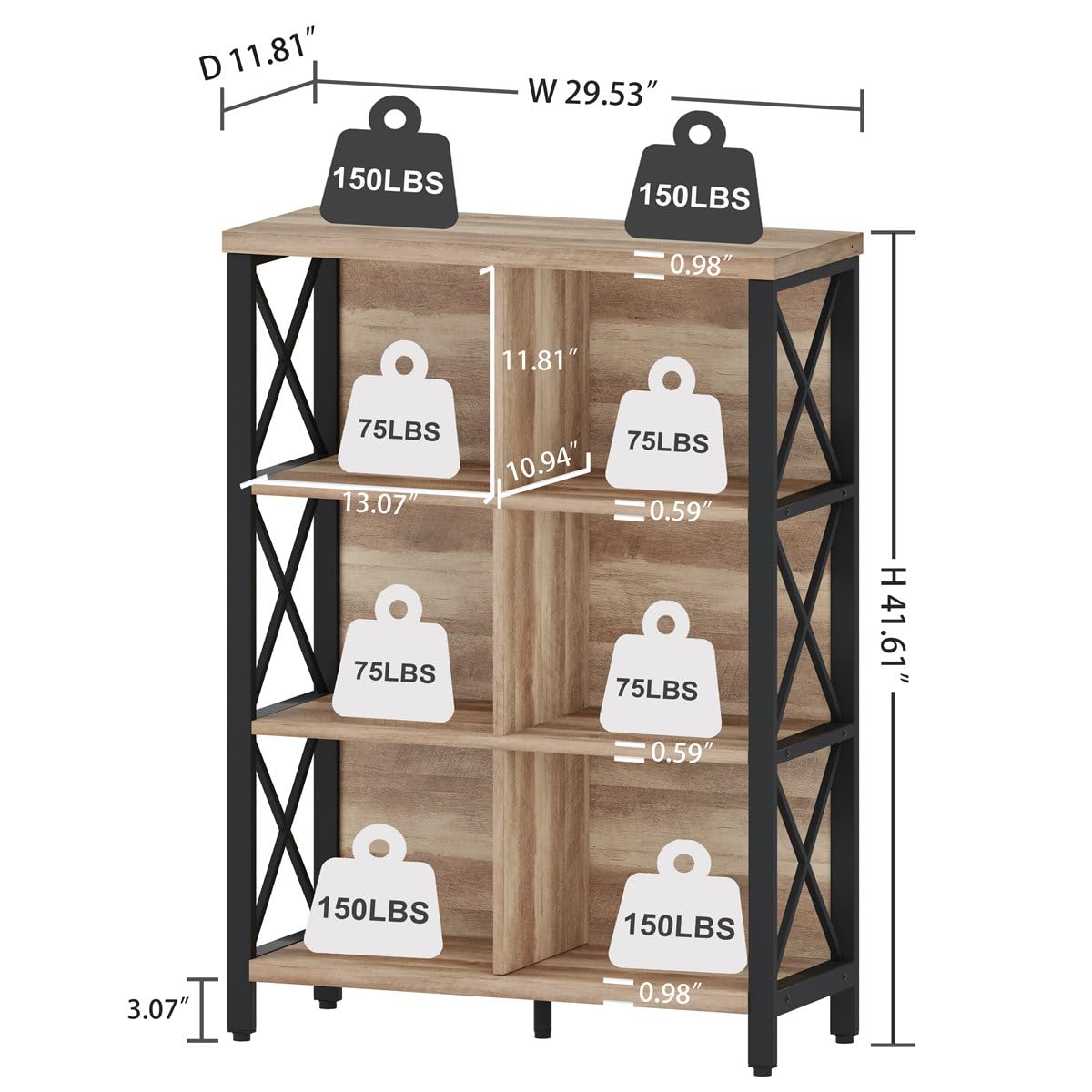 FATORRI Bookcase, 6 Cube Storage Organizer Shelf, Wood and Metal Cubby Book Shelf, Industrial 4 Tier Cube Bookshelf (Rustic Oak)