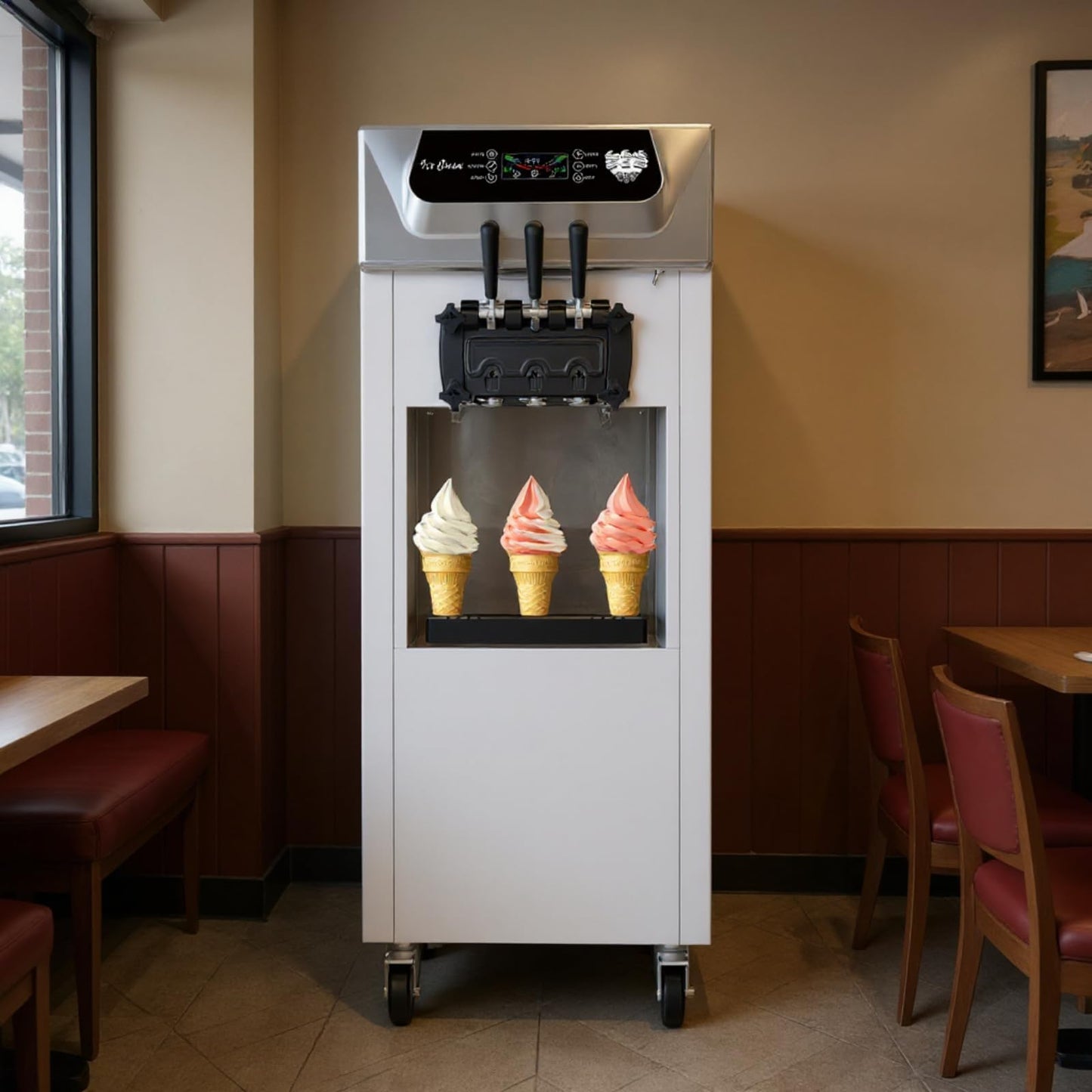 Commercial Ice Cream Machine 1+2 Flavor 2200W, 5.8-8 Gal/Hr Yield Vertical Soft Serve Ice Cream Machine With 2x7L Hopper 3 Dispensers, Auto Clean, LCD Display, for Restaurant Snack Bars Commerical Use