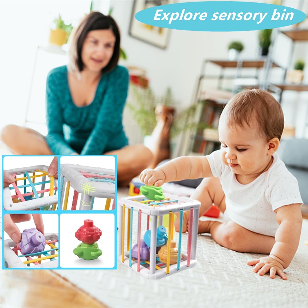 Etyat Baby Toys 6-12 Months, Montessori Toys for 1 Year Old, Silicone Pull String Teether Toy, Stacking Building Blocks Infant Toddler Toy 0-3, Shape Bin Sensory, Baby Boys&Girls Gifts Set