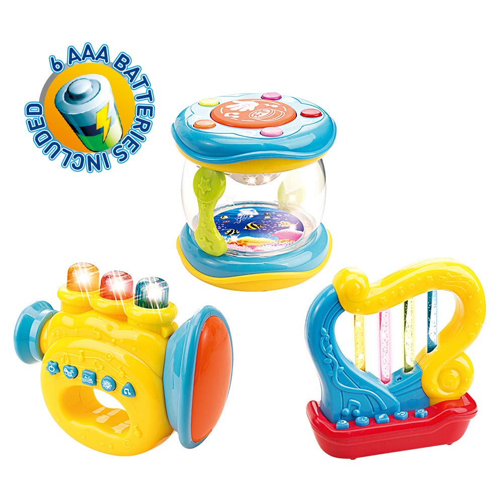 WEofferwhatYOUwant Baby Musical Instrument Set – 3 Piece Trumpet Drum Harp Bundle with Lights Songs Lullabies Interactive Play Modes Batteries Included BPA-Free Travel Ready Musical Gift for Toddlers