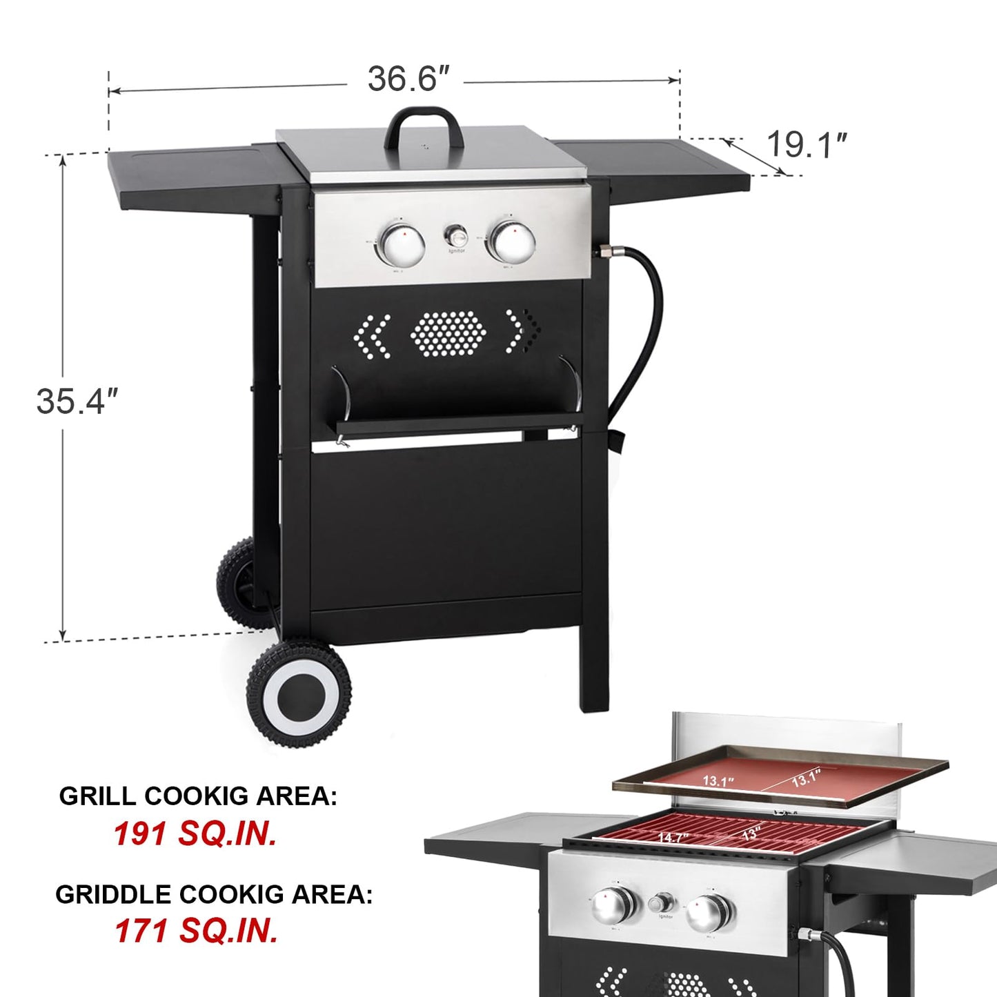 GREEN PARTY 2 Burner Griddle Grill Combo, 2 in 1 Propane Gas BBQ Grill w/Cast Iron Plate, 20,000 BTU Output Small Flat Top Propane Barbecue Grill for Camping, Patio, Backyard, Balcony
