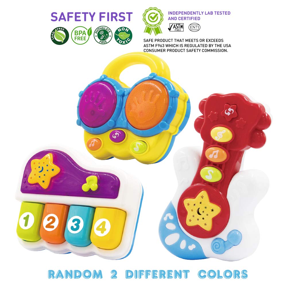 WEofferwhatYOUwant Baby Musical Instrument Set – Piano, Bongo Drums & Guitar – Light-Up Projector Toys for Babies 6+ Months – Educational Multi-Instrument Bundle – Auto Off – Batteries Included