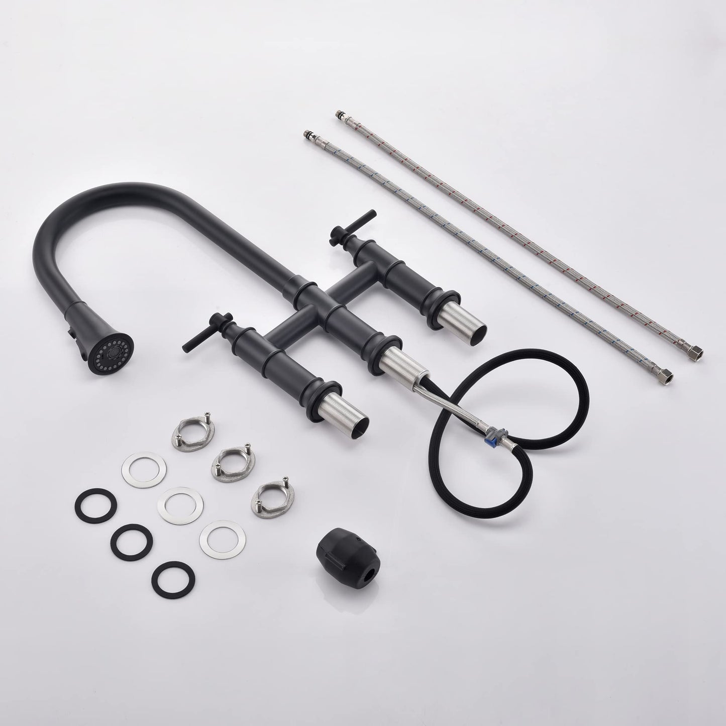 SUMERAIN Bridge Kitchen Faucet with Pull Down Sprayer Matte Black 3 Hole 2 Handle Kitchen Sink Faucet Stainless Steel
