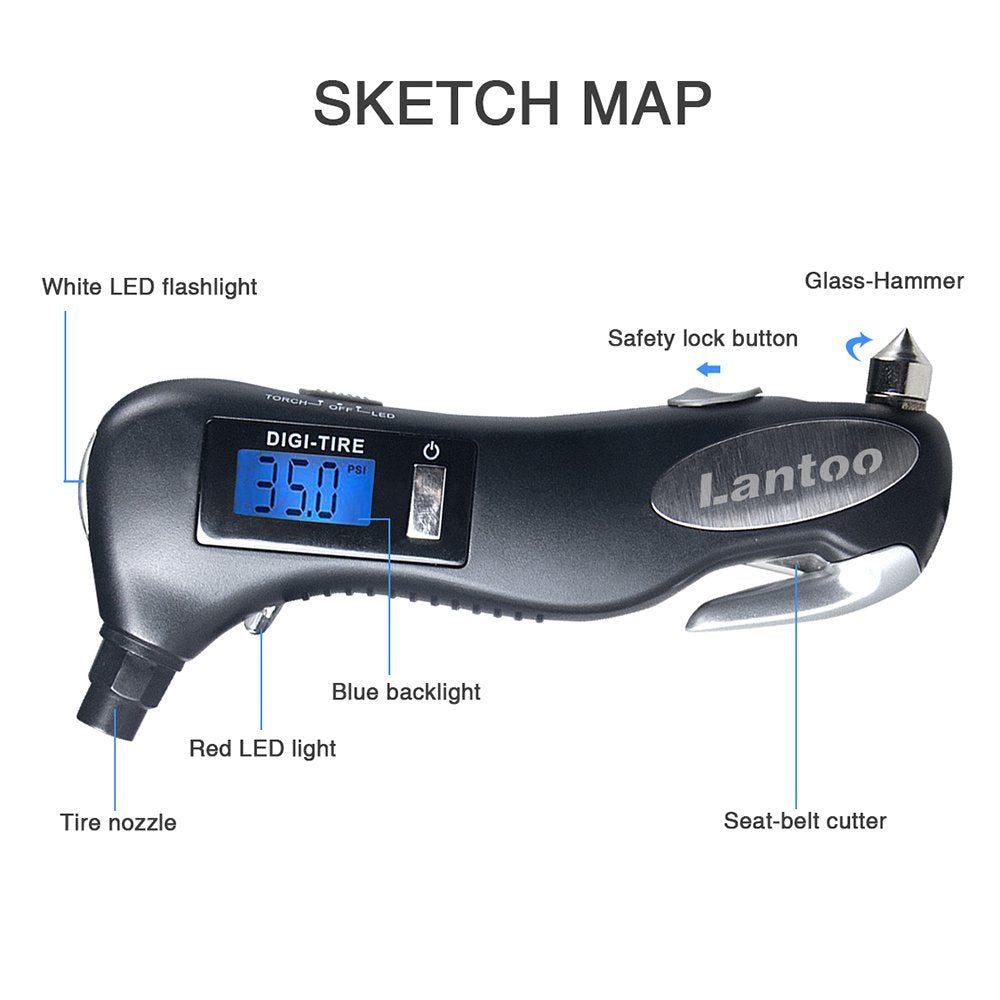 Lantoo Digital Tire Pressure Gauge 150 PSI – 5-in-1 Emergency Tool for Cars, Trucks & Bikes – Includes Seatbelt Cutter, Window Breaker, LED Flashlight & Red Safety Light - 1 Pack