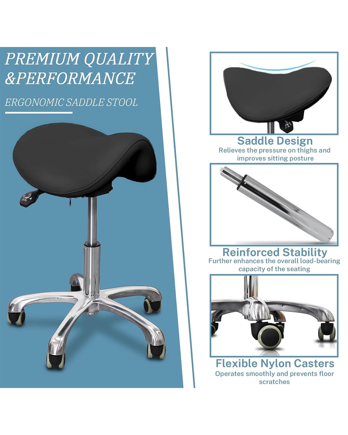 LIMKOMES Saddle Stool with Wheels,Rolling Stool,Rolling Chair Ergonomic Swivel Rolling Chair with Hydraulic Lifting Height Adjustable Rolling for Office Medical Massage Salon Drafting(Black)
