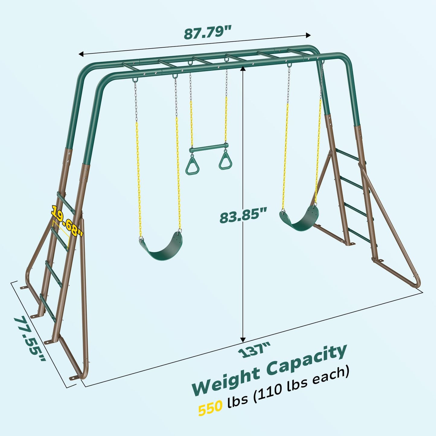 Hapfan Swing Sets for Backyard with Monkey Bars, 2 Belt Swings & Trapeze Bar- Heavy Duty Metal Outdoor Playground Sets for Kids, Backyard Playset (Patent Pending)