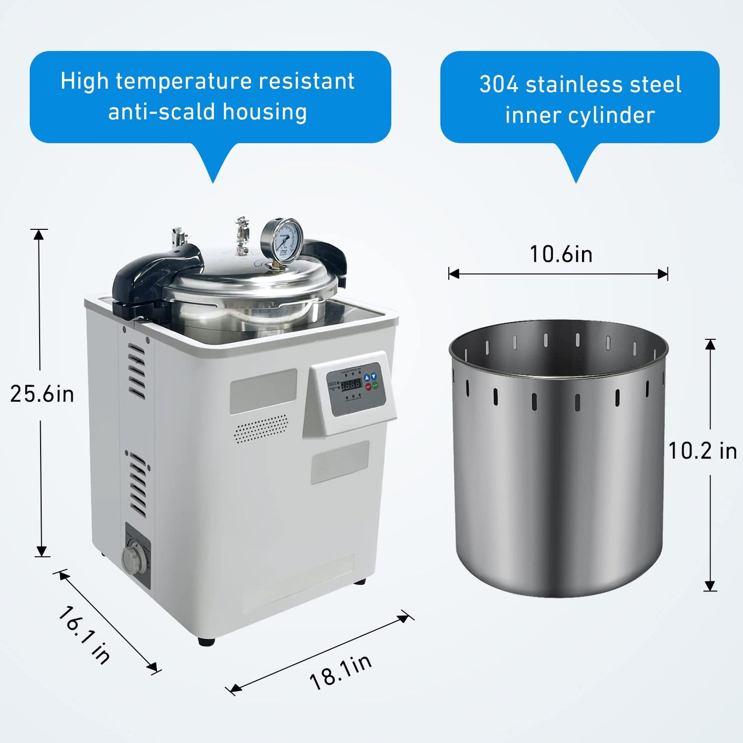 WEST TUNE Autoclave Sterilizer, 18L High Pressure Steam Autoclave with LED Digital Display, Stainless Steel Lab Sterilization Machine