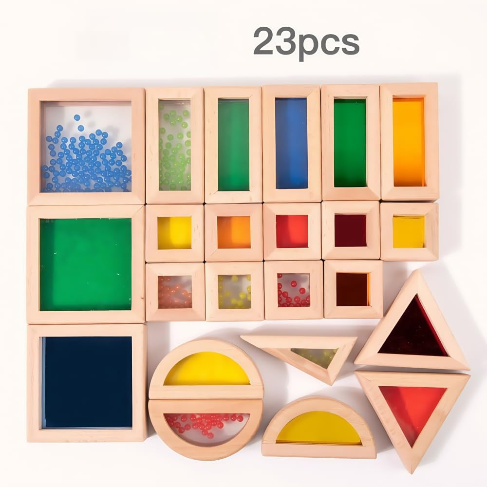 KAXCOT Rainbow Sensory Stacking Toys, Stem Education Building Block Set, 23 Wooden Beads, Fine Sand Sound Building Blocks, Toddlers, Infants, Children, Colorful Geometric Stacking Toys