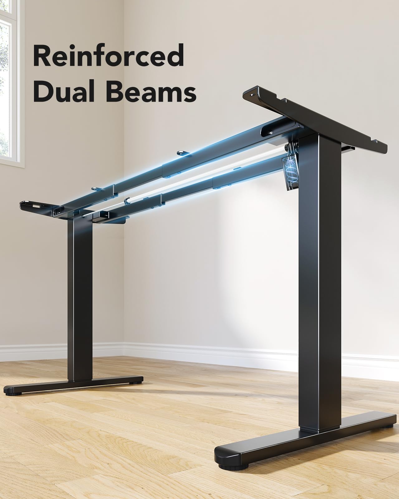 HUANUO Standing Desk Frame with 220lbs Powerful Brushless Motor, Double Crossbeam Structure, Thick Adjustable Desk Legs, for Max 35.4″ x 86.6″ Desktop, for Home Office, Black Frame Only