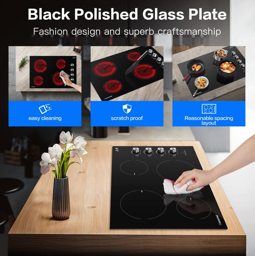 AMZCHEF 30 Inch Electric Cooktop, Built-in with 4 Burners Max 7000W with 30" Glass Ceramic Cook Top,Knob control, Hot Surface Indicator,220V - 240V Hard Wire, No Plug