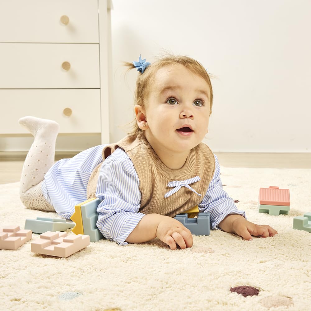Miniland Baby Toys, Silicone Sensory Toys, Blocks for Babies with Cute Textures and Reliefs, Montessori Toys for 1 Year Old, Building Blocks +6 Months | Soft Towering Blocks
