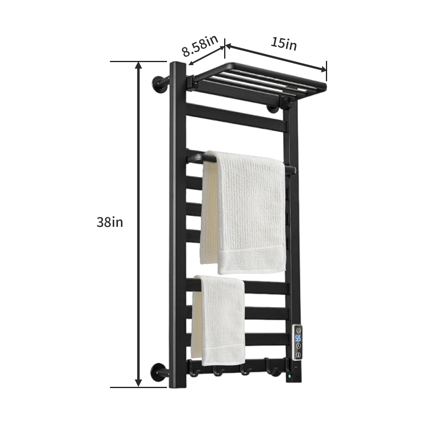AyiDrmjj Heated Towel Rack for Bathroom Towel Warmer Racks Wall Mounted with Shelf,Timer & Temperature Multi-Level Adjustments with 10 Bars for Bathroom Shower Hot Tub(Black)