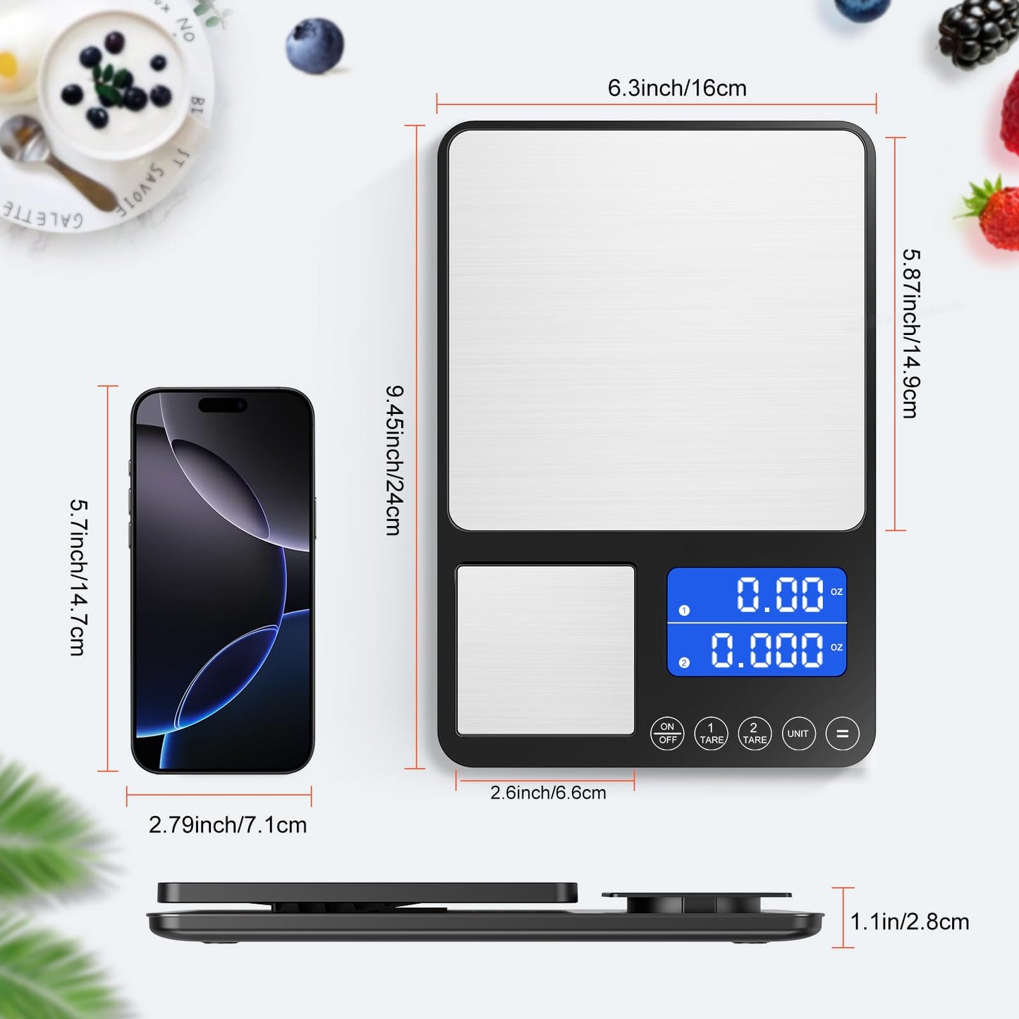 KUAIVO 0.001 oz / 33 lb Dual Platform Kitchen Scale, Digital Food Scale with Two Precision Surfaces, LCD Display, 7 Units, Tare & Accumulation Functions – Perfect for Baking, Sourdough, and Cooking