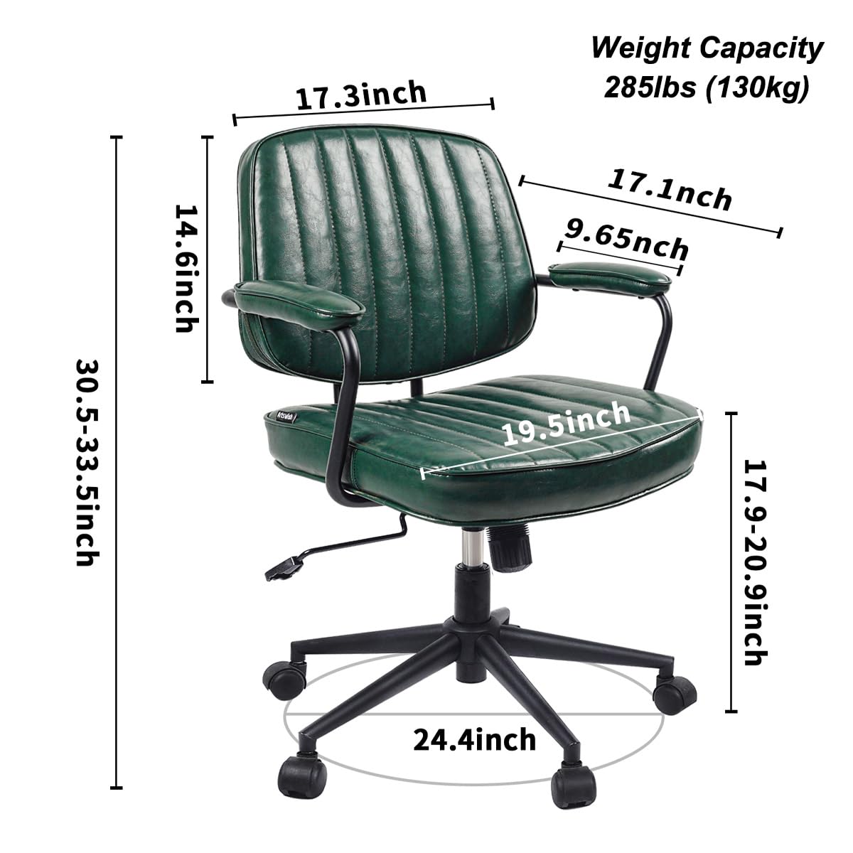 Artswish Mid Century Office Desk Chair - Green Leather Home Office Chair with Wheels and Arms