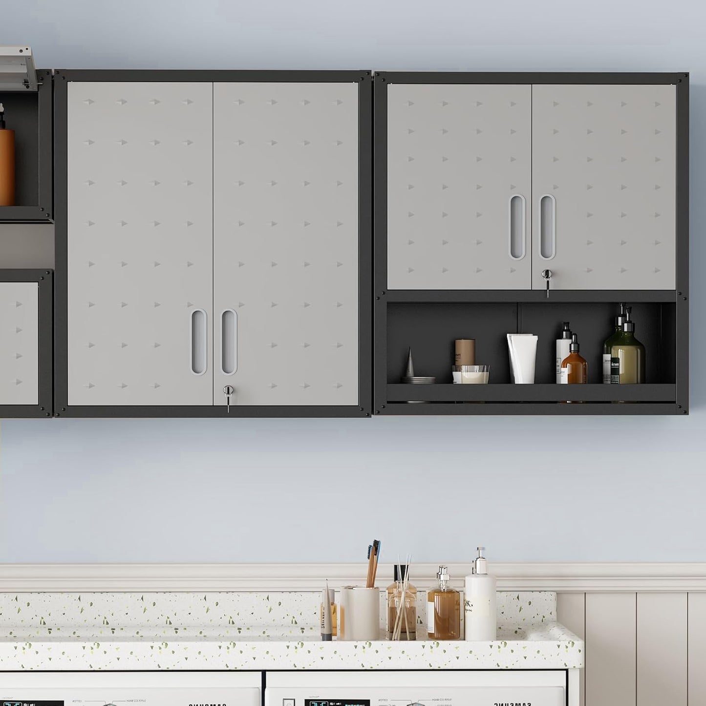EKJ Metal Garage Wall Cabinet with Lock, Wall Mounted Metal Storage Cabinets with Doors and Shelf, Lockable Floating Tool Storage for Garage Basement Utility Room
