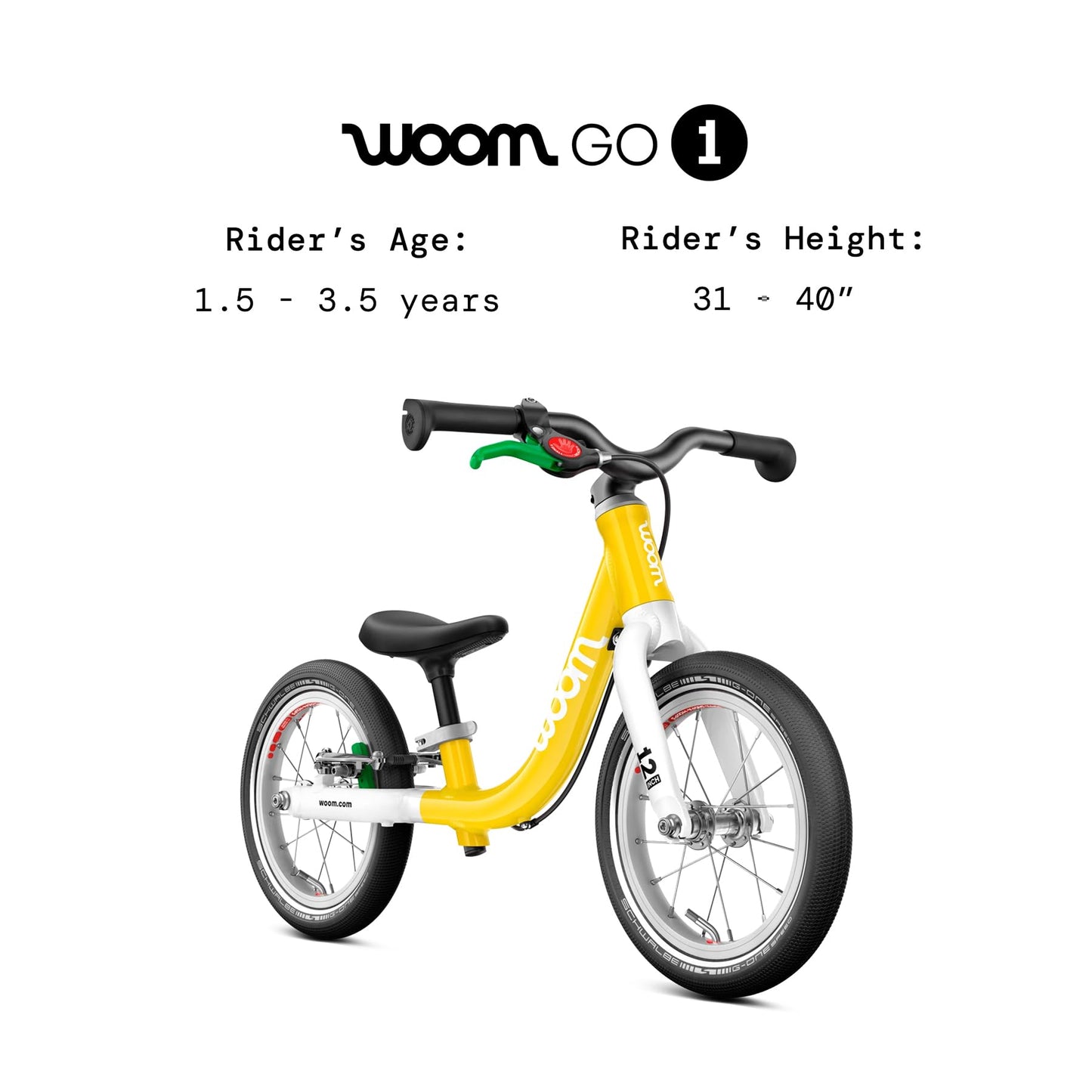 woom GO 1 Balance Bike for Toddlers 18 Months to 3.5 Years Old, 12-Inch Lightweight Bicycle with Handbrake & Steering Limiter for Boys & Girls - Yellow