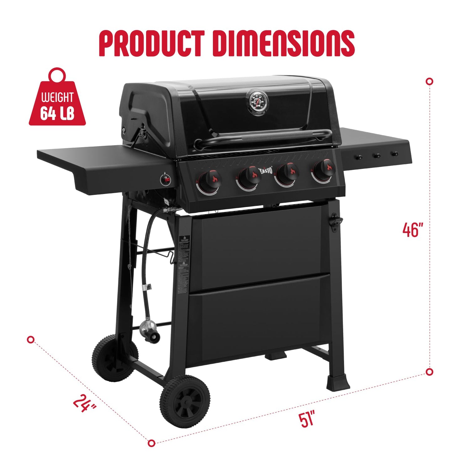 Feasto 4 Burner Gas Grill, 36,000 BTU Outdoor BBQ Grill with Side Table for Outdoor Cooking & Backyard Barbecue, Premium Enameled Coated Chamber Body with Porcelain-Enameled Grates, Black