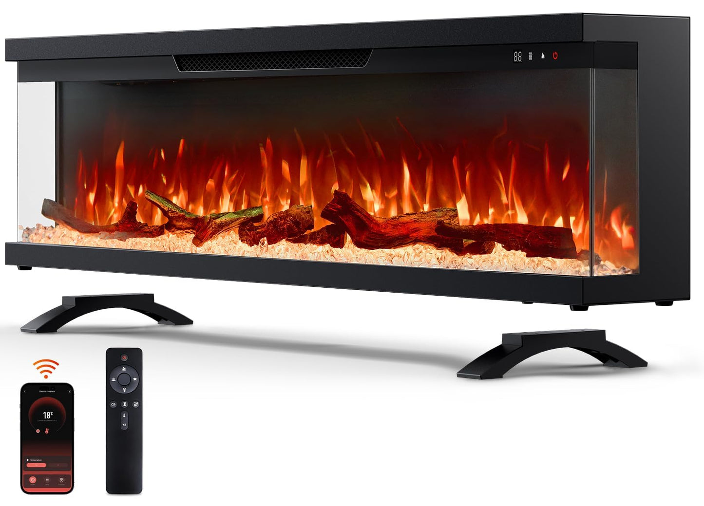 Silonn 3-Sided Smart 50" Electric Fireplace, Alexa & App Control Fireplace with 15 Flame Colors, Electric Fireplace Inserts Logs, 5110 BTU Heat Output, Realistic Flame and Sound