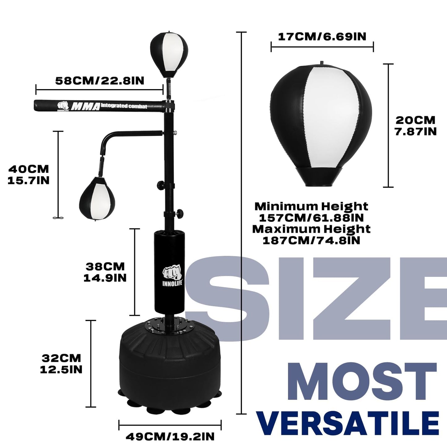 82IN Boxing Speed Trainer - Featuring Punching Bag Spinning Bar, Training Boxing Ball with Reflex Bar, Adjustable, and Suitable for Adults (Black White)